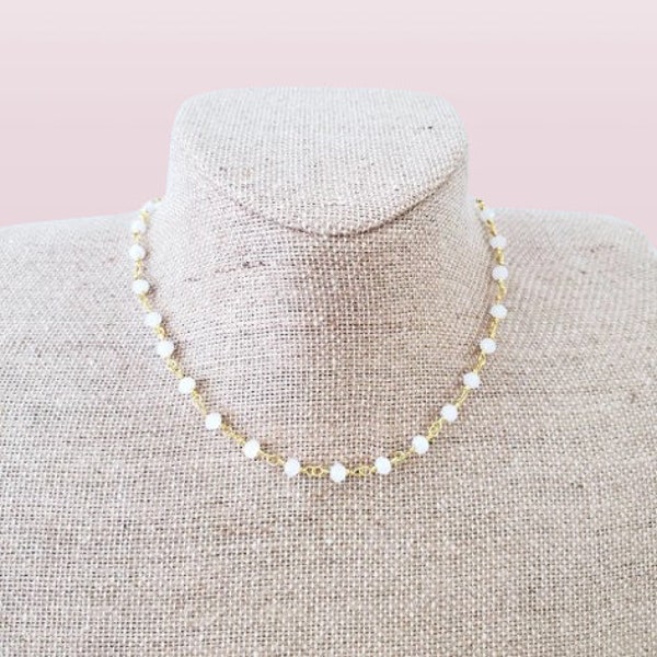 Small Tiny White Crystal Bead Necklace Choker Multi Layer Girls Layering Minimal