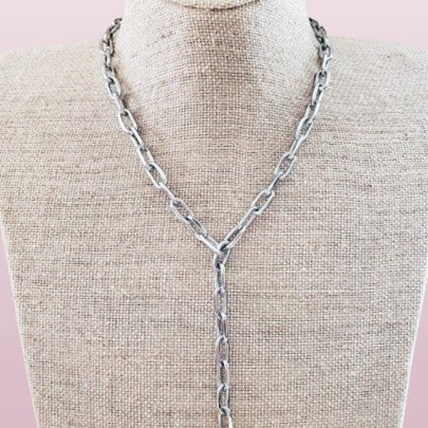 Silver Link Chain Paperclip Lariat Necklace Stainless Steel