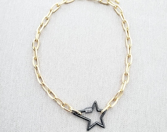 Star Carabiner Lock Pendant Choker Necklace Links Mixed Metal Gold Silver