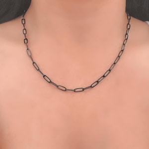 Black Links Choker Chain Necklace Edgy Gunmetal Rocker Chic Paper Clip Modern Trendy