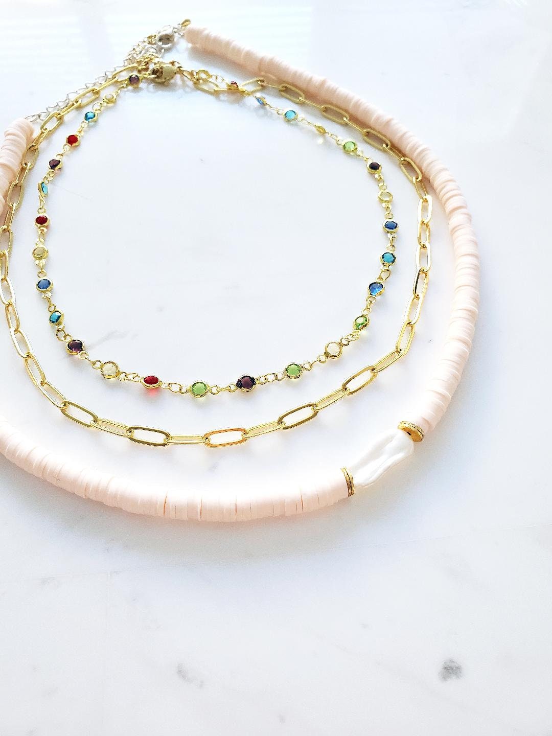 Pearl Charm Polymer Clay Choker Paperclip Chain Crystal Bezel