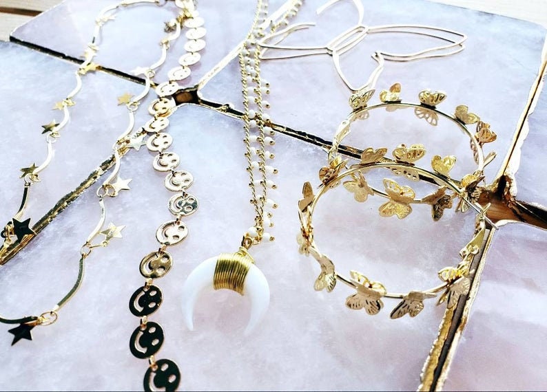 Layering Gold Moon and Star Charm Necklace Sterling Silver Chain
