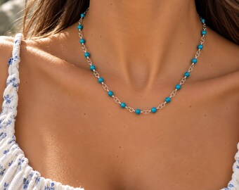 Turquoise Blue Stone Bead Rosary Bead Choker 4mm Layering Rosaries Gold Silver Plated