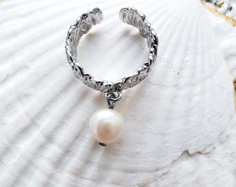 Wide Band Statement Nautical Ring Gold or Silver Freshwater Pearls, Starfish, Clam