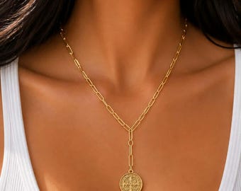 Antique Rome Cross Coin lariat Gold Paperclip Links Y Necklace Minimal Coins