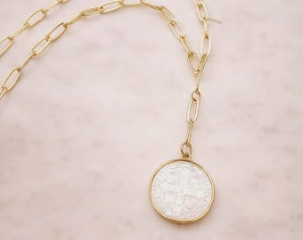White Shell Pearl Coin Cross Pendant Necklace Lariat Gold Plated Links