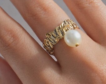 White Freshwater Pearl Thick Chunky Statement Ring Gold Adjustable Beach Cruise Jewelry