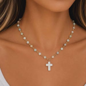 Amazonite White Cross Necklace Chain Beach Jewelry Natural Stone