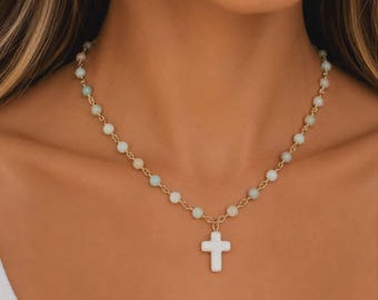 Amazonite Stone White Cross Necklace Chain Beach Jewelry Natural Stone