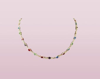 Rainbow Crystal Bezel Necklace Gold Plated Dainty Crystals Colorful Stone Glass Chain Gift For Her