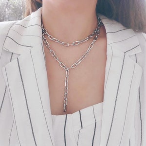 Silver Link Chain Paperclip Lariat Necklace Double Layer Stainless Steel