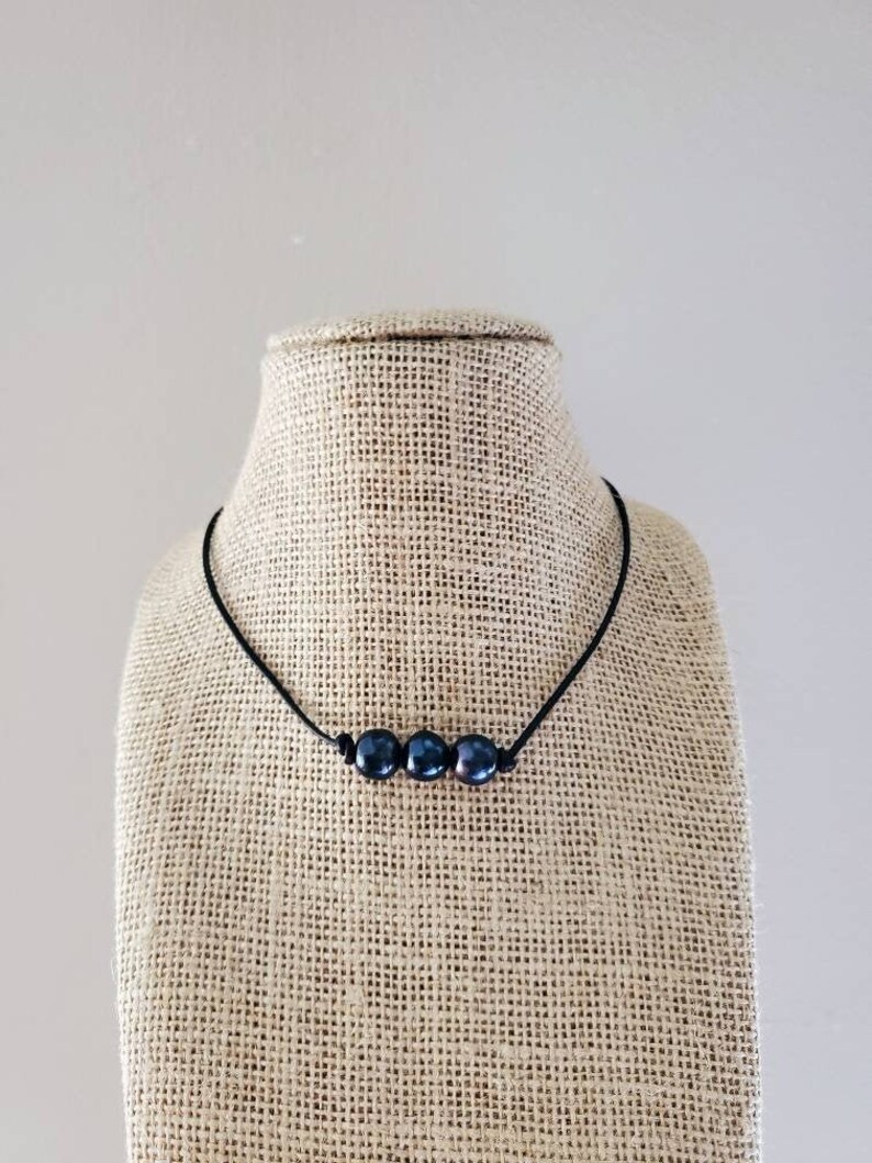Black Freshwater Pearl Leather Necklace Dark Brown Knotted Gift For Her