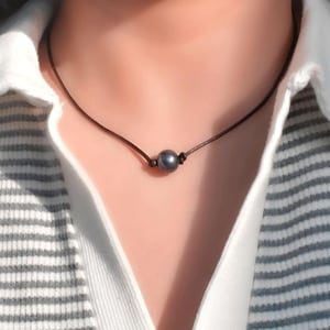 Black Pearl Leather Necklace Choker Knotted Handmade Vsco Girl
