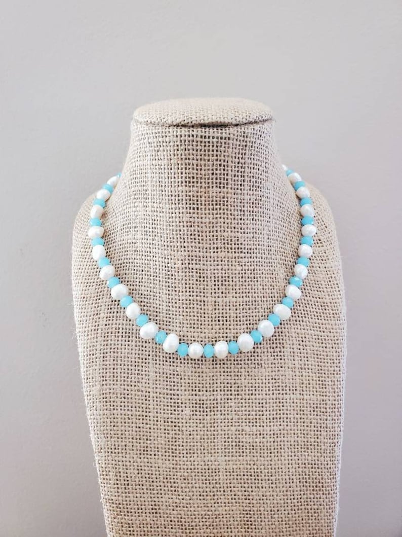 White Freshwater Pearl Necklace Light Blue Crystal Choker Beach