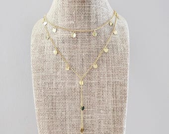 Gold Circle Charm Lariat Necklace: Double Layer Y Chain