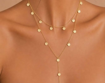 Gold Circle Charm Lariat Necklace: Double Layer Y Chain