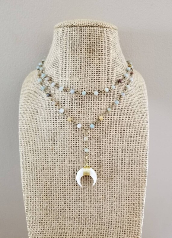 White Double Horn Lariat Choker Necklace Multi Color Amazonite Etsy White Double Horn Lariat Choker Necklace Multi Color Amazonite Etsy