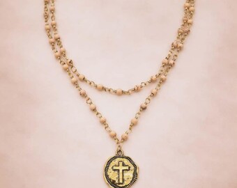 Rosary Beige Stone Chain Necklace Saint Cross Coin Double Layered Faith Religious
