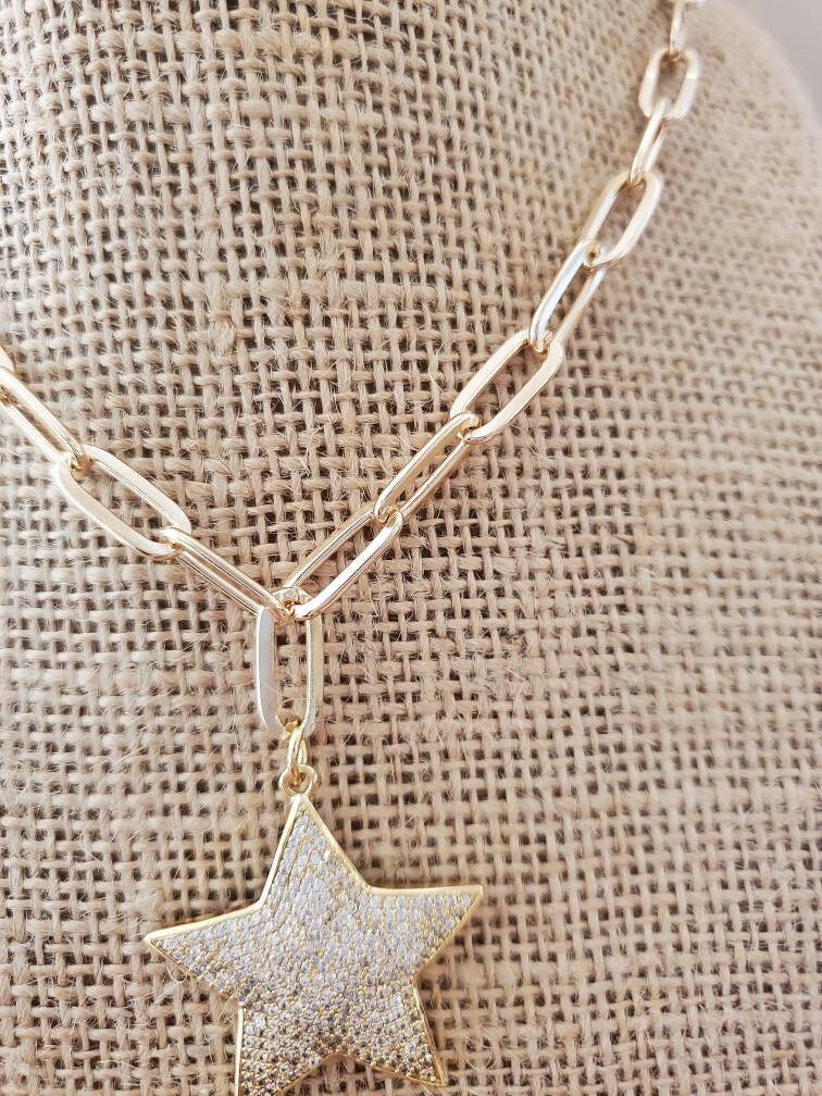 Paperclip Chain Gold Star Pendant Charm Necklace Gift For Her Etsy