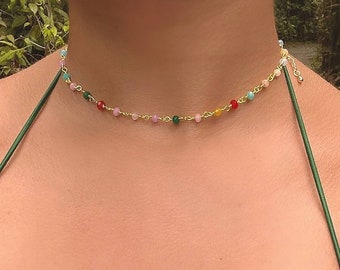 Small Tiny Gemstone Rainbow Beads Multi Color Rosary Chain Choker Necklace Gold Trendy