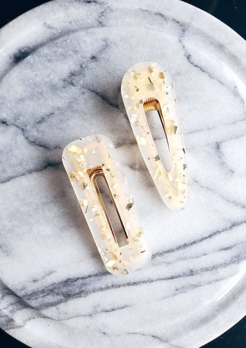 Oversized Hair Barrettes Clip 2 Piece White Silver Glitter Etsy