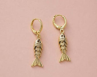 Gold Fish Hoop Earrings Gold Plated Fishes Trendy Fishing Jewelry For Her