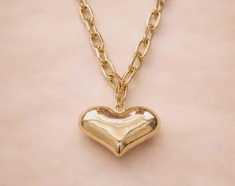 Large Gold Bubble Heart Chain Necklace Paperclip Chain Thick
