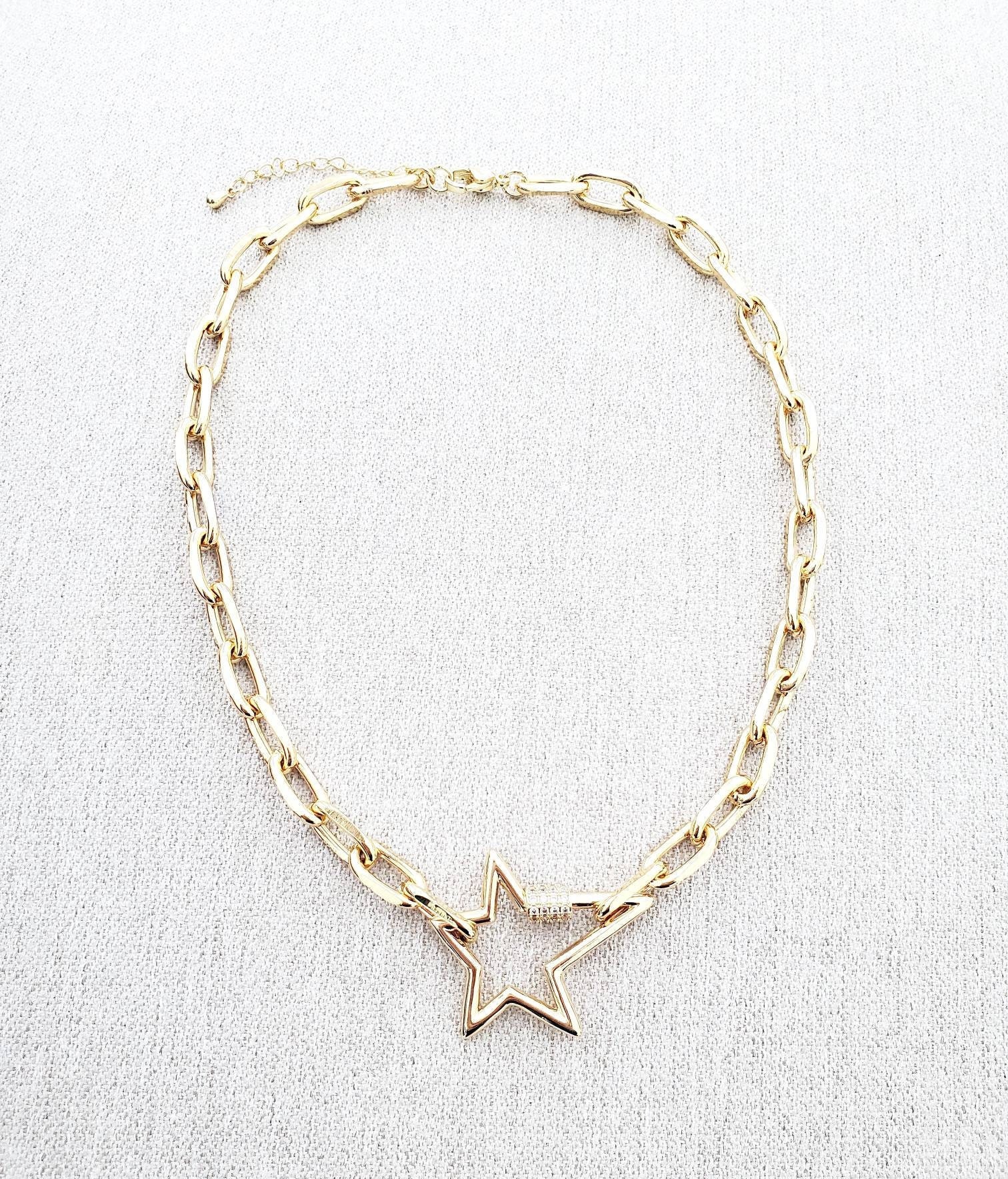 Gold Star Lock Necklace Paperclip Layering Chain Choker Carabiner