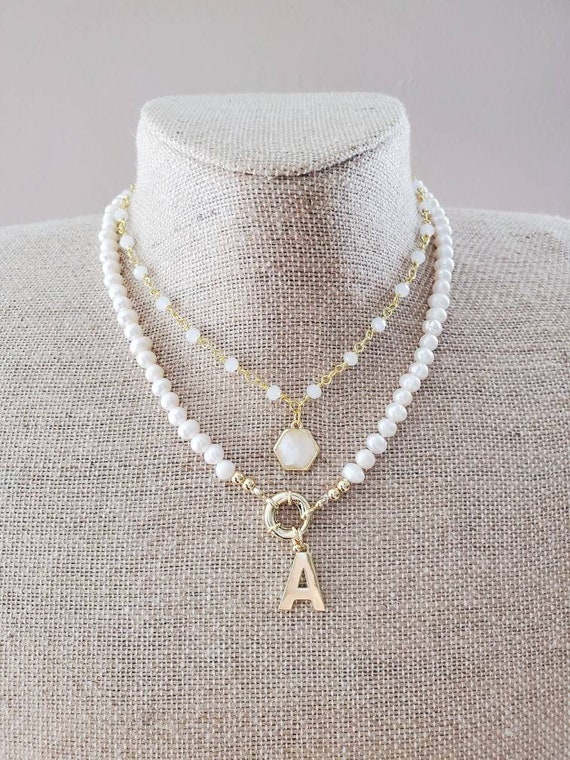 Initial Pearl Necklace Gold Toggle Plated Letters Name Charm