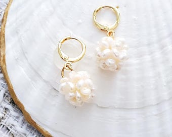 White Freshwater Pearl Cotton Ball Cluster Charm Earrings Hoops Gold or Silver