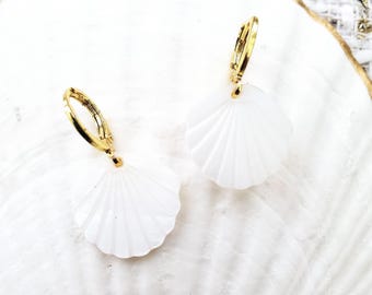 White Scallop Clam Shell Earrings Pearl Seashells Gold or Silver Beach Girl Jewelry