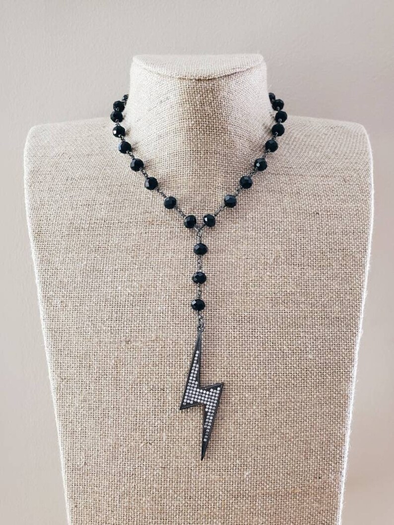 Black Chain Lightning Necklace Black Crystal Rosary Bead Choker Gift For Her