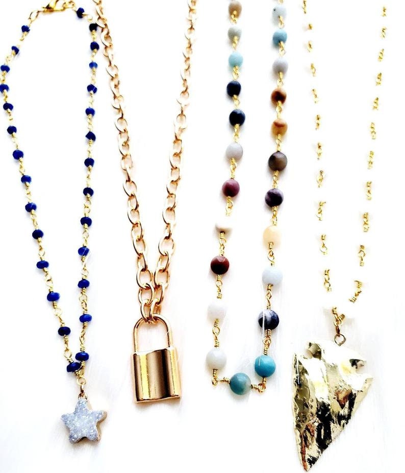 Blue Crystal Beaded Chain Necklace Black Diamond Star Gift For Her