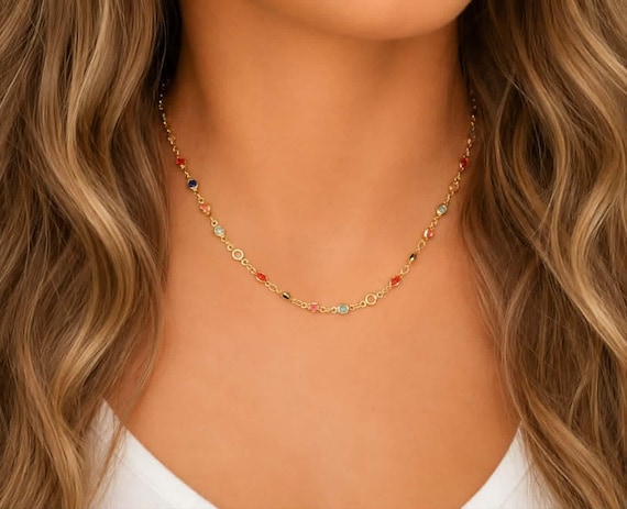 Rainbow Crystal Rosary Bezel Choker Necklace Gold Plated Multi Color