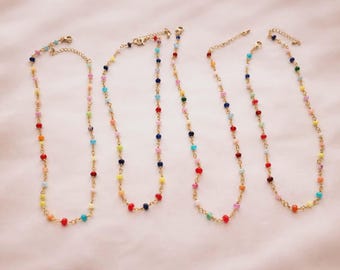 Rainbow Bead Choker: 18K Gold Chain, Semi-Precious Stone Necklace