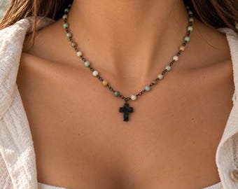 Amazonite Green Blue Stone Rosary Choker Chain Necklace Black Cross Faith For Her