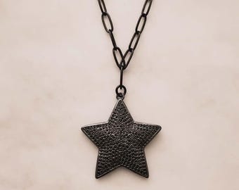 Black Star Pendant Necklace: Paperclip Chain or Crystal Beaded Chain, Zirconia Charm