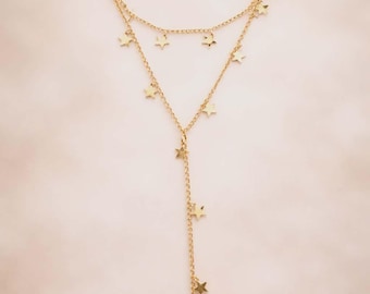Gold Stars Lariat  Chain Dangling Necklace Plated Metallic Tiny Golden Stars