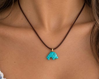 Dolphin Turquoise Stone Charm Leather Cord Necklace