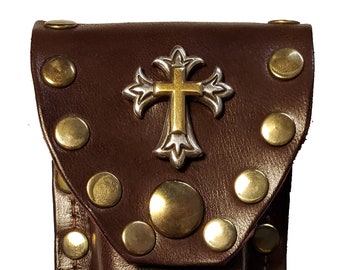 Buck 110 Leather Knife Case (Medium Brown) - Double Cross Concho (Gold/Silver)