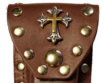 Buck 110 Leather Knife Case (Light Brown) - Double Cross Concho (Gold/Silver)