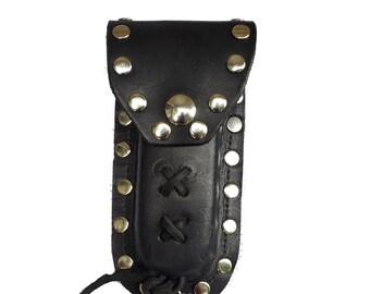 Buck 110 Leather Knife Case - Plain Black Silver Studs