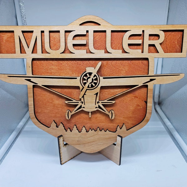 Private Pilot Family Name Sign - single engine airplane, flying, custom, layered, laser cut, laser engraved, aviation name sign