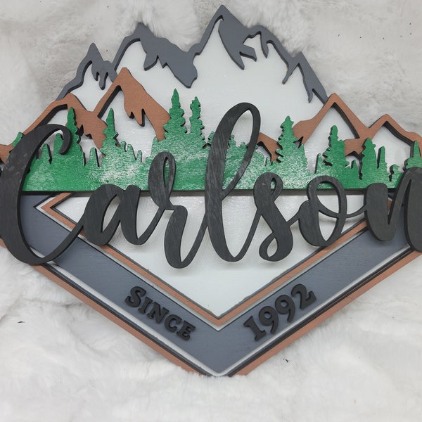 Mountain Scene Family Name Sign Cut File, outdoors, nature, scenery, woods, custom, layered, laser cut, laser engraved, SVG