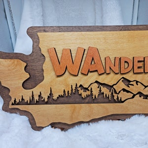 Washington State - WAnder - state outline, custom, layered, laser cut, laser engraved, mountain, forest, outdoor enthusiast