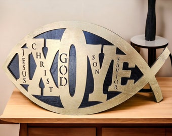 Ichthys Sign: Laser Cut Wood Christian Fish Symbol, Gold & Black