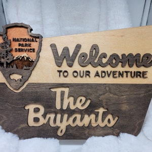 National Park Service Welcome Sign NPS inspired family name sign, custom layered laser cut laser engraved, outdoor, wilderness enthusiast image 5