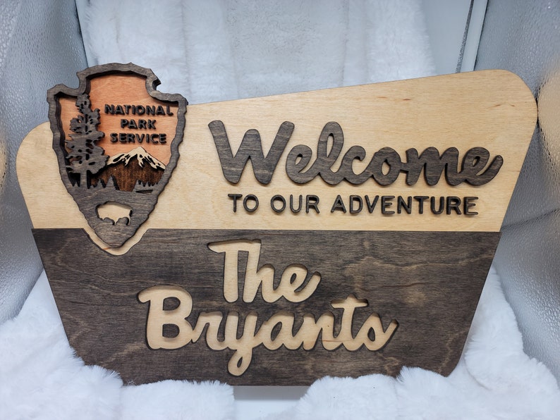 National Park Service Welcome Sign NPS inspired family name sign, custom layered laser cut laser engraved, outdoor, wilderness enthusiast image 5