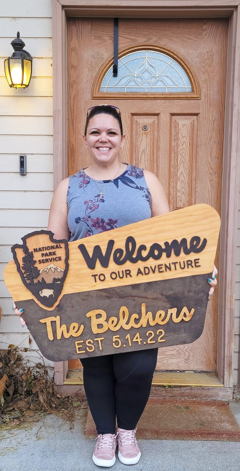 National Park Service Welcome Sign NPS inspired family name sign, custom layered laser cut laser engraved, outdoor, wilderness enthusiast image 4