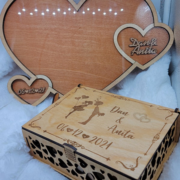 Wedding Guestbook Dropbox with heart box - Custom laser cut, laser engraved, guest book, personalized layered drop box and heart storage box